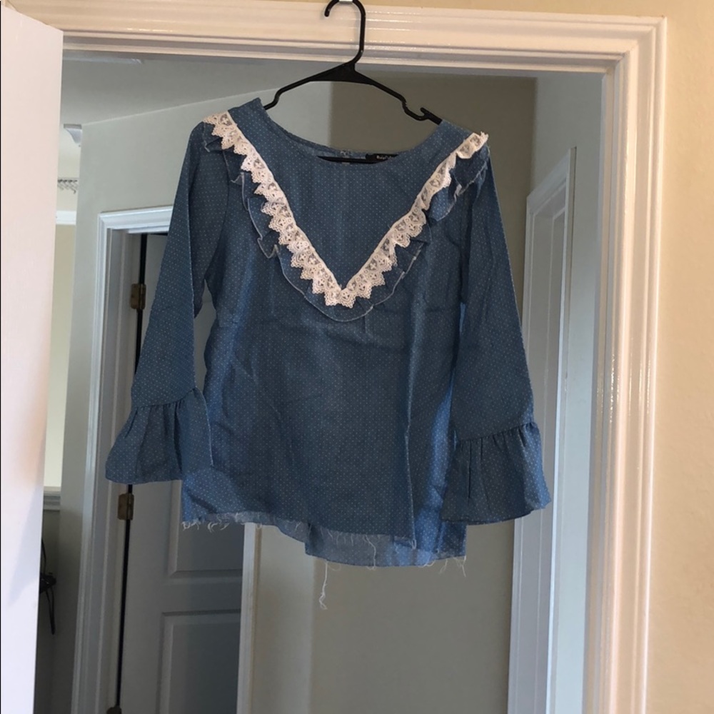 Roly poly polka dot denim lace top